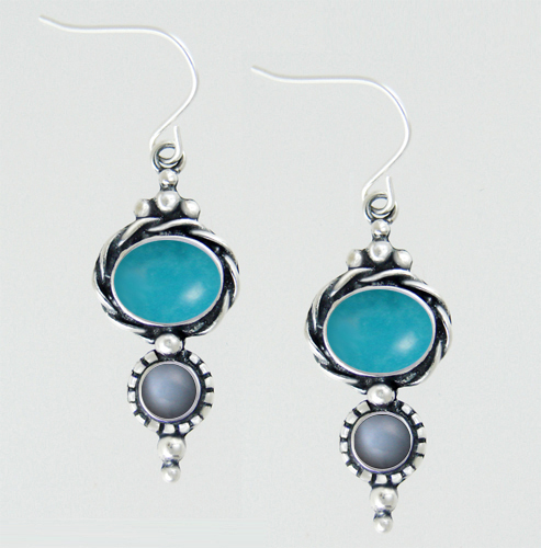 Sterling Silver Drop Dangle Earrings With Turquoise And Grey Moonstone